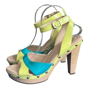 ISOLA Madalen Platform Sandal Heel Sz 9.5 Wood Grain Yellow Aqua Gold Ankle Open
